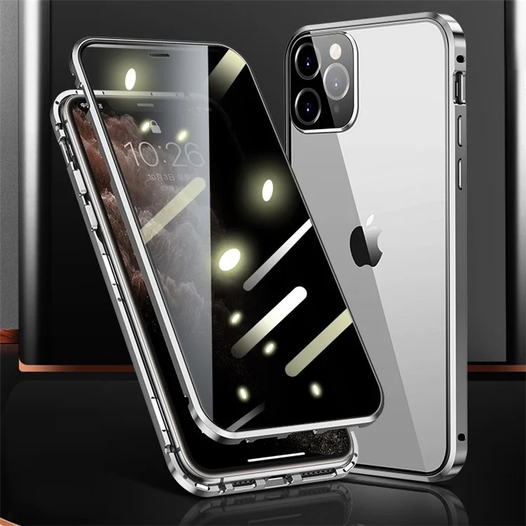 Magnetic Installation Metal Frame + Double-sided Tempered Glass Full Covering Shell for iPhone 12 Pro - Silver