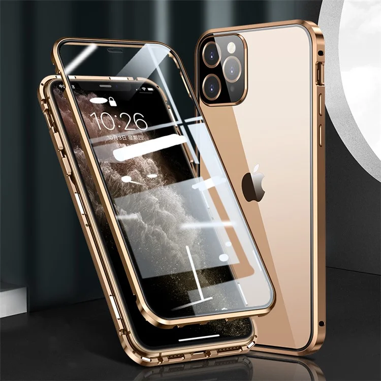 Magnetic Installation Metal Frame + Double-sided Tempered Glass Full Covering Shell for iPhone 12 Pro - Gold