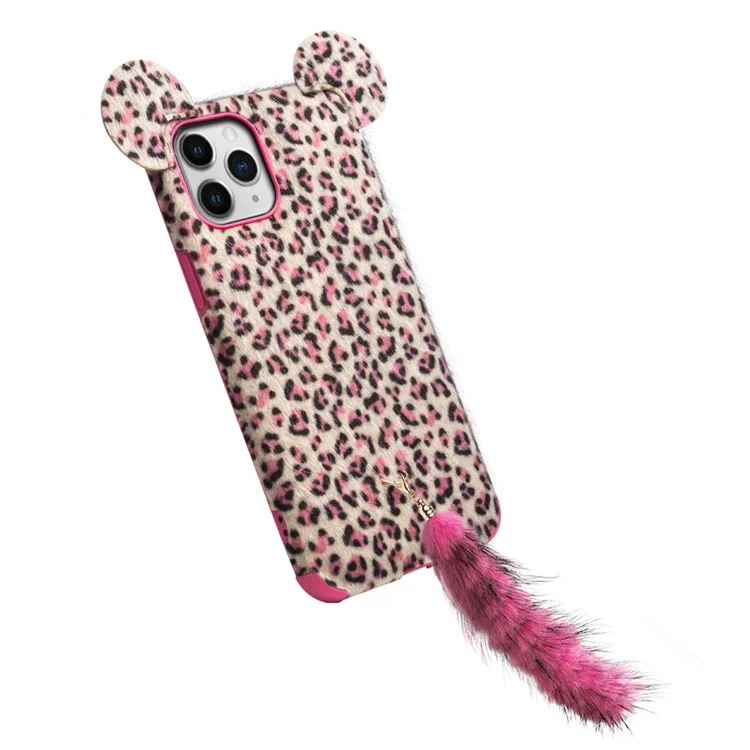 Qialino Pelúcia Leopardo Pele Revestida De Telefone Tpu Telefone Com Orelha Macia E Alça De Cauda Para Iphone 12/12 Pro - Cor De Rosa
