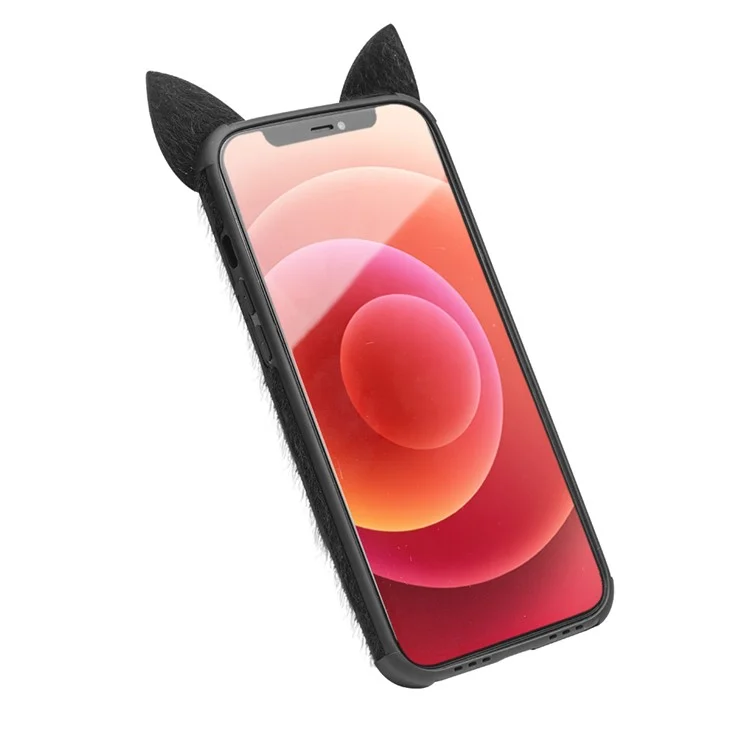 QIALINO Plain Plush Coated TPU Phone Cover with Fluffy Cat Ear and Tail Strap for iPhone 12 mini - Black