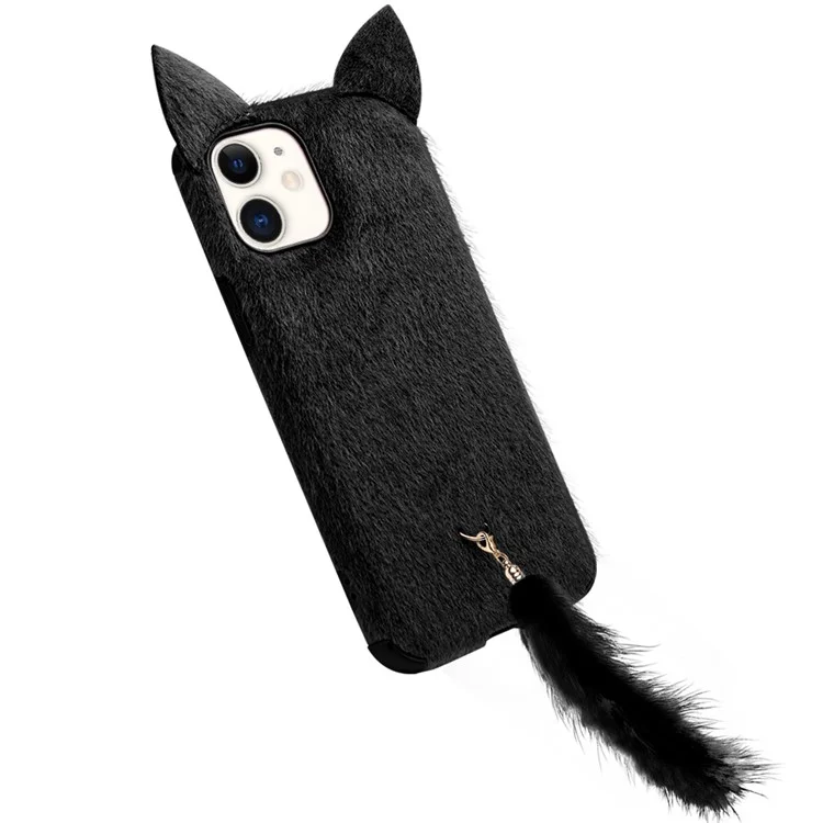 QIALINO Plain Plush Coated TPU Phone Cover with Fluffy Cat Ear and Tail Strap for iPhone 12 mini - Black
