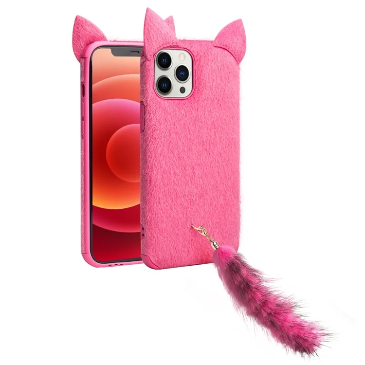 Qialino Plush Coated Tpu Cover Decor с Пушистым Кошачьим Ухом + Хвостовым Ремнем Для Iphone 12 Pro Max - Розовый