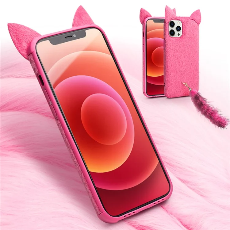 Qialino Plush Coated Tpu Cover Decor с Пушистым Кошачьим Ухом + Хвостовым Ремнем Для Iphone 12 Pro Max - Розовый