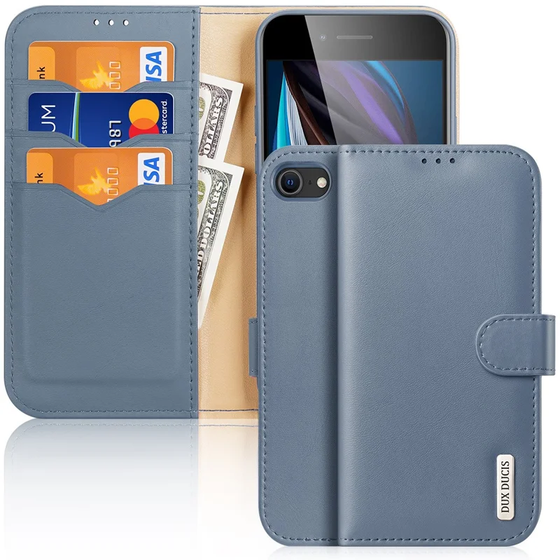 DUX DUCIS Hivo Genuine Leather Wallet Phone Folio Flip Cover Shell for iPhone 7/8/SE (2020)/SE (2022) - Blue
