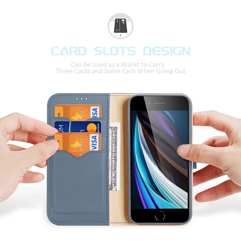 DUX DUCIS Hivo Genuine Leather Wallet Phone Folio Flip Cover Shell for iPhone 7/8/SE (2020)/SE (2022) - Blue