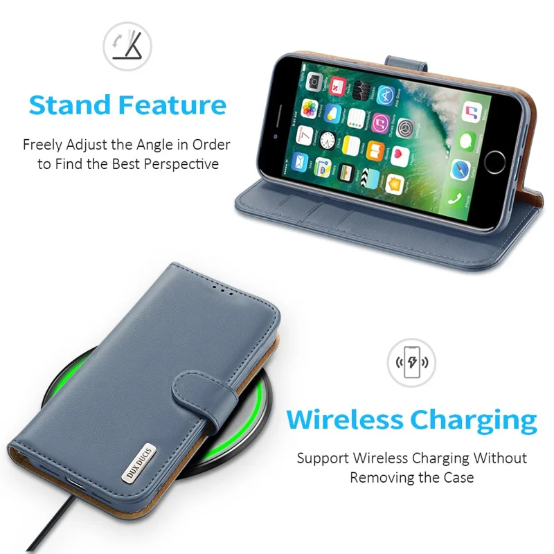 DUX DUCIS Hivo Genuine Leather Wallet Phone Folio Flip Cover Shell for iPhone 7/8/SE (2020)/SE (2022) - Blue