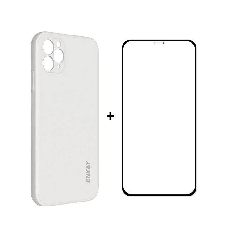 ENKAY HAT PRINCE ENK-PC0662 Drop-Resistant Soft Liquid Silicone Phone Case Precise Hole Opening + Full Screen 0.26mm 9H 2.5D Full Glue Tempered Glass Screen Protector for iPhone 11 Pro Max - White