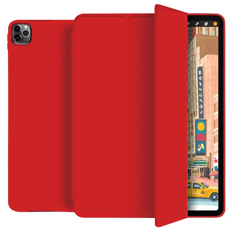 Tri-Fold Skin-Touch Leather Smart Tablet Case with Pen Slot for iPad Pro 11-inch (2022) (2021) (2020) - Red
