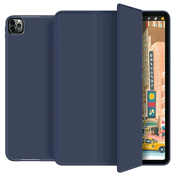 Tri-Fold Skin-Touch Leather Smart Tablet Case with Pen Slot for iPad Pro 11-inch (2022) (2021) (2020) - Blue
