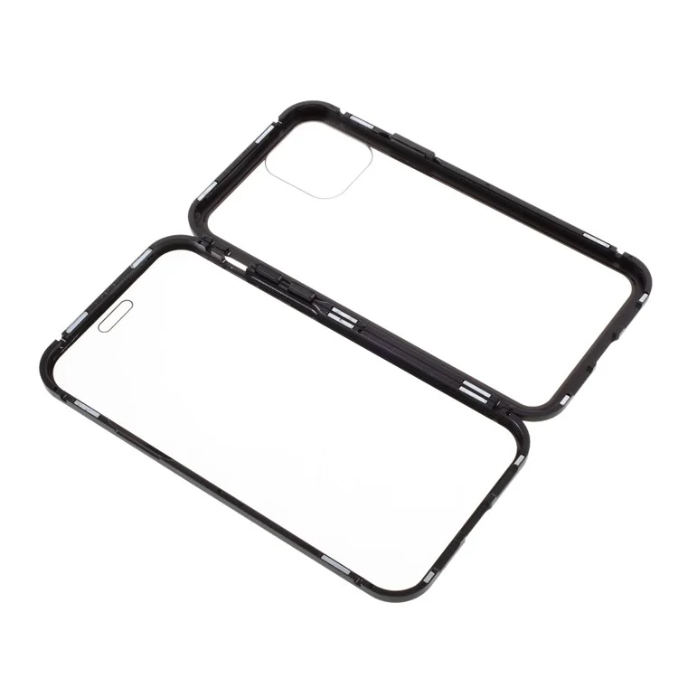 Double-sided Tempered Glass Metal Frame Magnetic Full Coverage Phone Case for iPhone 12 / 12 Pro - Black