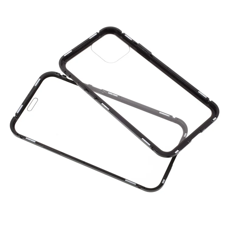 Double-sided Tempered Glass Metal Frame Magnetic Full Coverage Phone Case for iPhone 12 / 12 Pro - Black