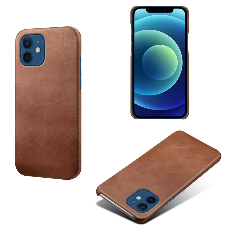PU Leather Coated Hard PC Shell Phone Case Protector Cover for iPhone 12/12 Pro - Brown