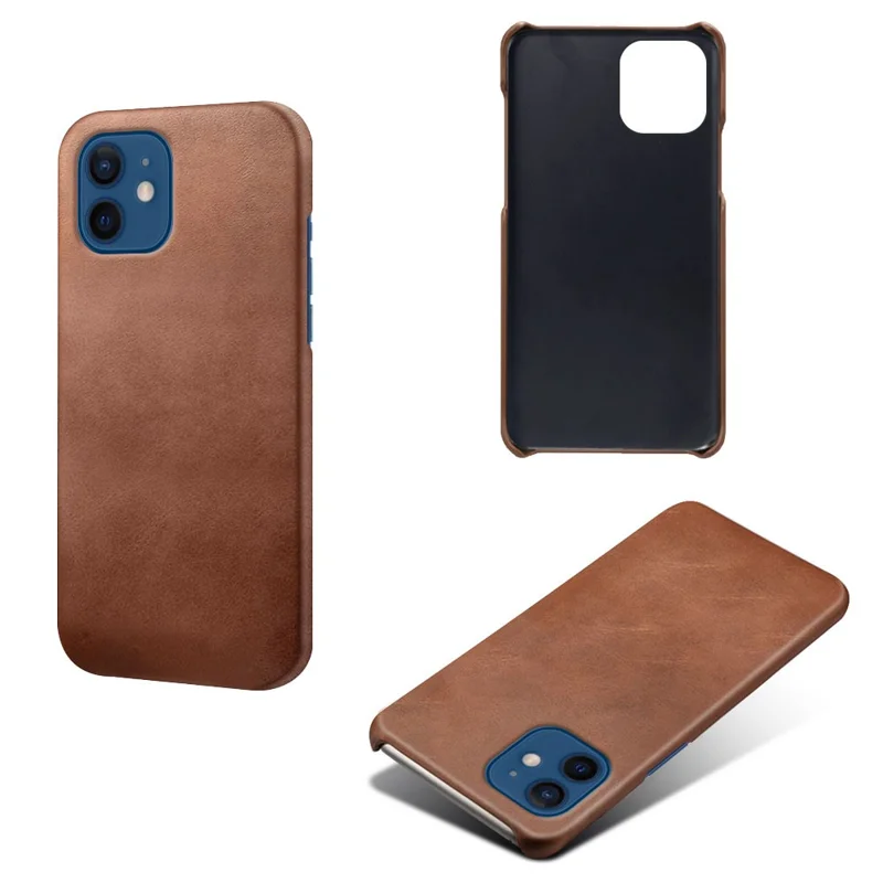 PU Leather Coated Hard PC Shell Phone Case Protector Cover for iPhone 12/12 Pro - Brown