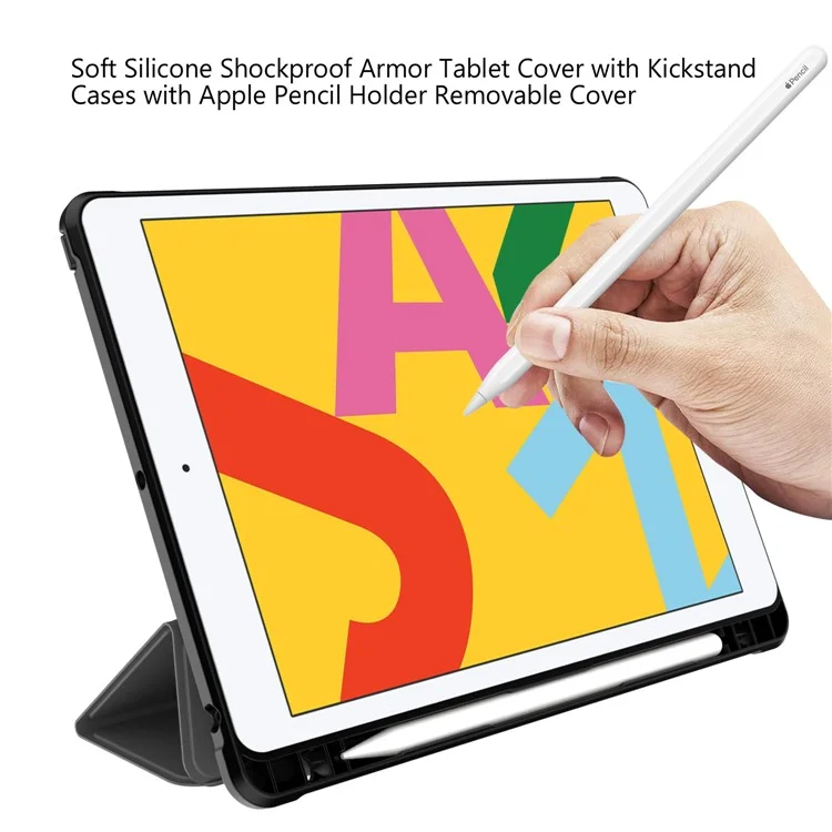 Tri-fold Stand for iPad 10.2 (2021)/(2020)/(2019) PU Leather Tablet Cover with Pen Holder - Black