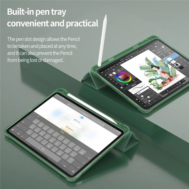 Smart Origami Stand Leather Case with Pen Slot for iPad Air 11 (2025) / (2024) / Air (2022) / (2020) / Pro 11-inch (2018) - Dark Green