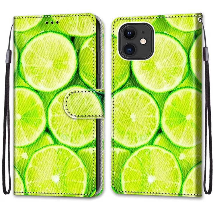 New Patterned Leather Stand Phone Cover Shell for iPhone 12/12 Pro - Lime