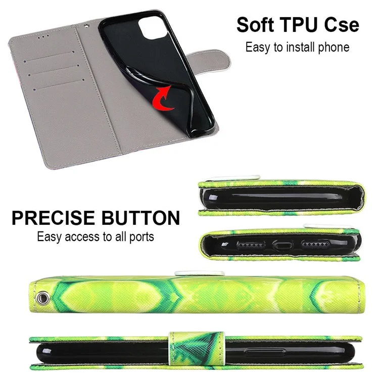 New Patterned Leather Stand Phone Cover Shell for iPhone 12/12 Pro - Lime
