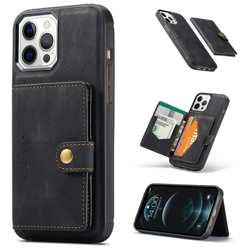 JEEHOOD Detachable Magnetic Wallet Leather Coated TPU Case for iPhone 12 Pro / 12 - Black