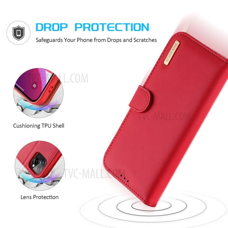 DUX DUCIS Hivo Series Split Leather Phone Wallet Stand Cover Flip Case pour iPhone 11 Pro - Rouge