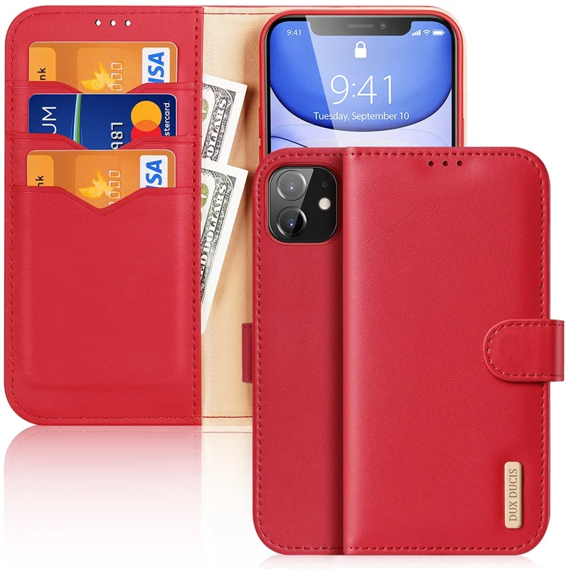 DUX DUCIS Hivo Series Split Leather Wallet Adjustable Stand Cover Flip Case for iPhone 11 - Red