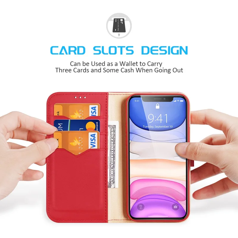 DUX DUCIS Hivo Series Split Leather Wallet Adjustable Stand Cover Flip Case for iPhone 11 - Red