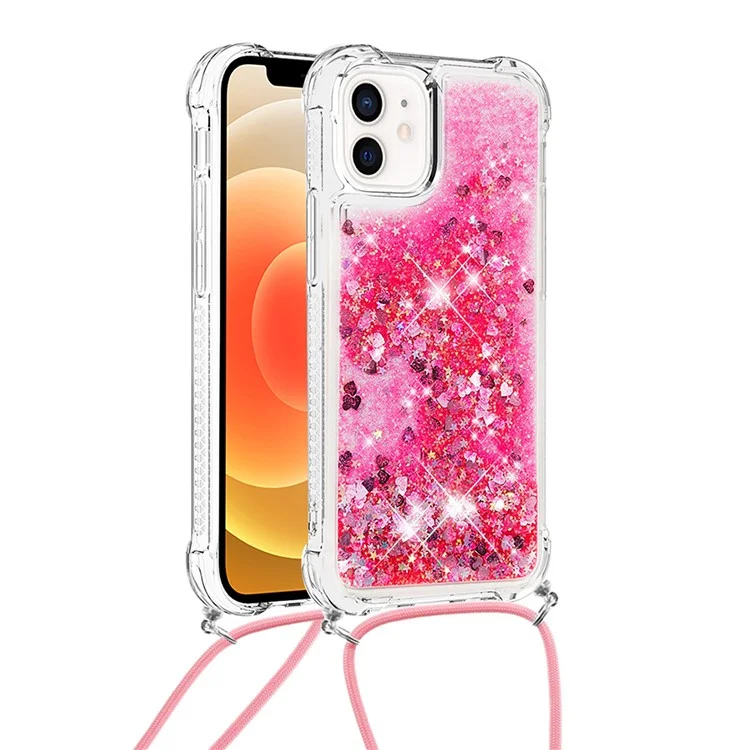 Drop-proof Dynamic Quicksand TPU Cell Phone Protective Cover with Lanyard for iPhone 12/12 Pro - Rose