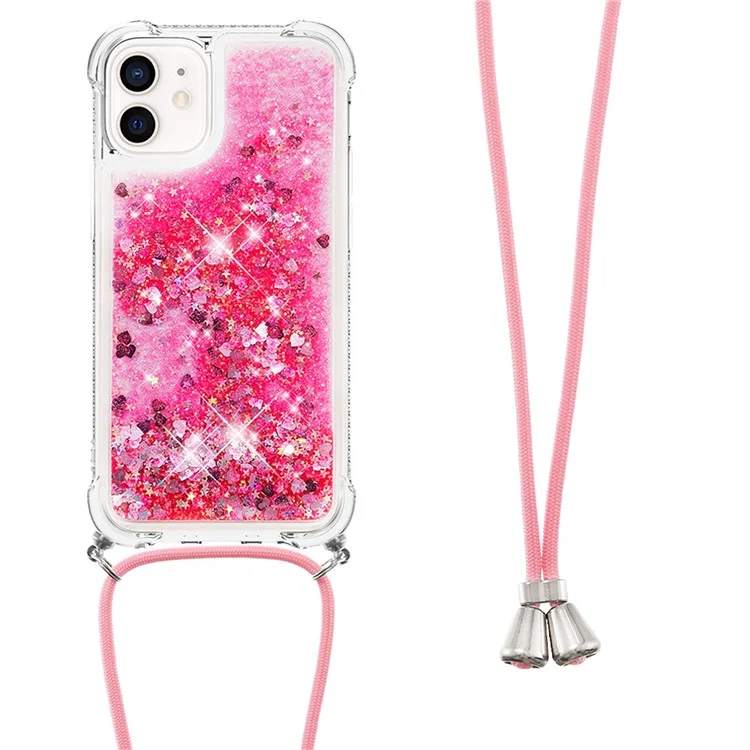 Drop-proof Dynamic Quicksand TPU Cell Phone Protective Cover with Lanyard for iPhone 12/12 Pro - Rose