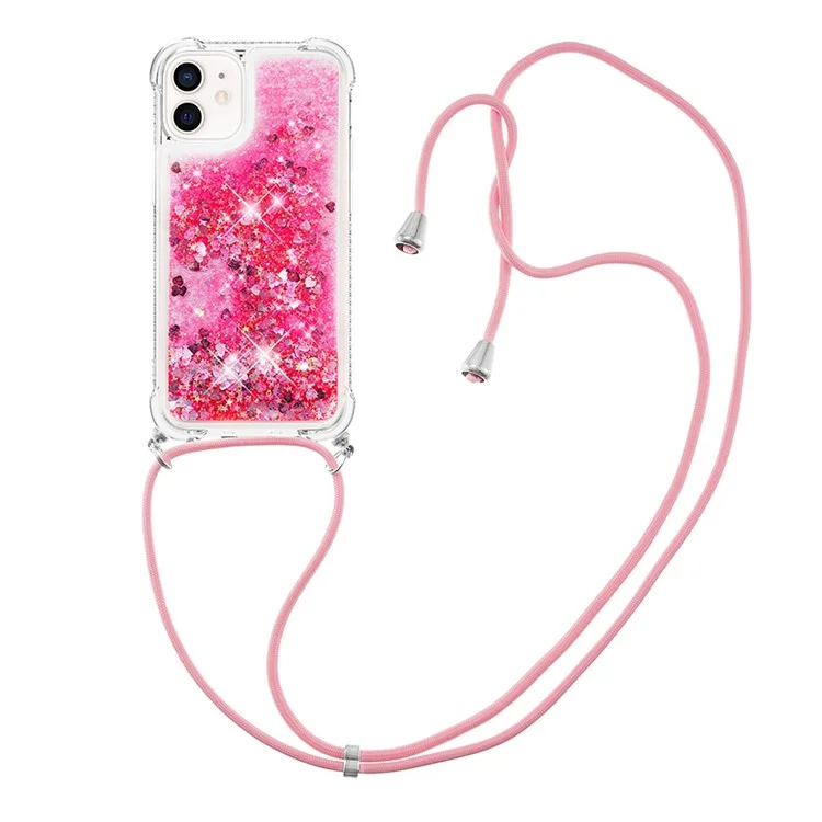 Drop-proof Dynamic Quicksand TPU Cell Phone Protective Cover with Lanyard for iPhone 12/12 Pro - Rose