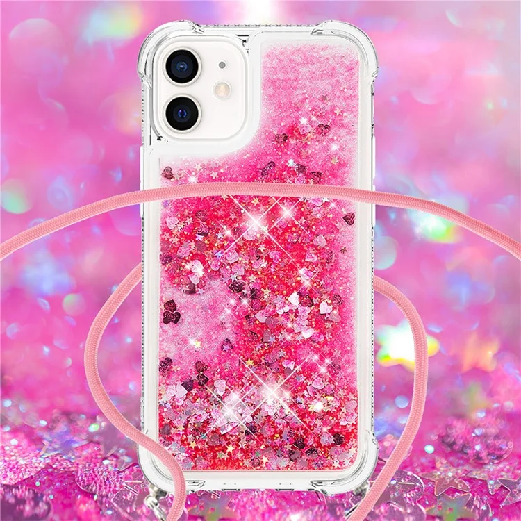 Drop-proof Dynamic Quicksand TPU Cell Phone Protective Cover with Lanyard for iPhone 12/12 Pro - Rose