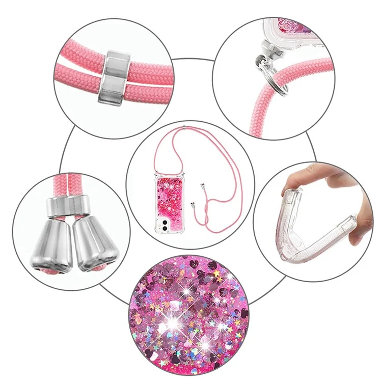 Drop-proof Dynamic Quicksand TPU Cell Phone Protective Cover with Lanyard for iPhone 12/12 Pro - Rose