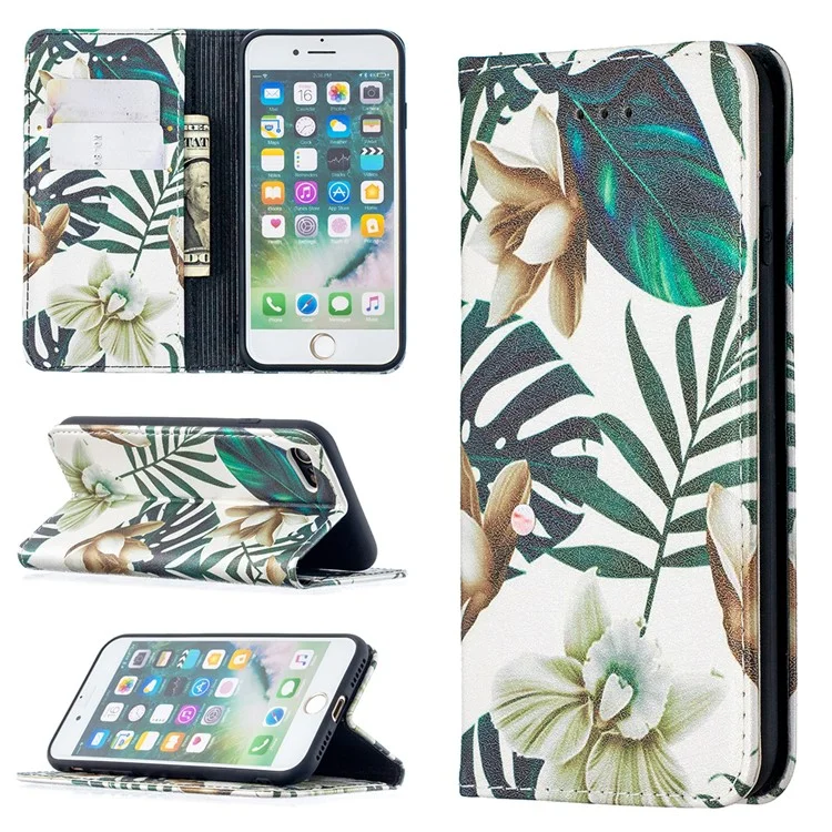 Auto-absorbed PU Leather Wallet Stand Cell Phone Case with Pattern Printing for iPhone SE (2020)/SE (2022)/iPhone 7/8 4.7 inch - Green Leaves