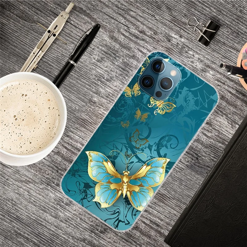 Mönstertryckt flexibel högkvalitativ TPU-hölse till iPhone 12/12 Pro – Guldfjäril