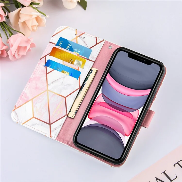 Wallet  Splicing Marble Pattern Stand Leather Protective Case with Lanyard for iPhone 11 6.1 inch - Pink