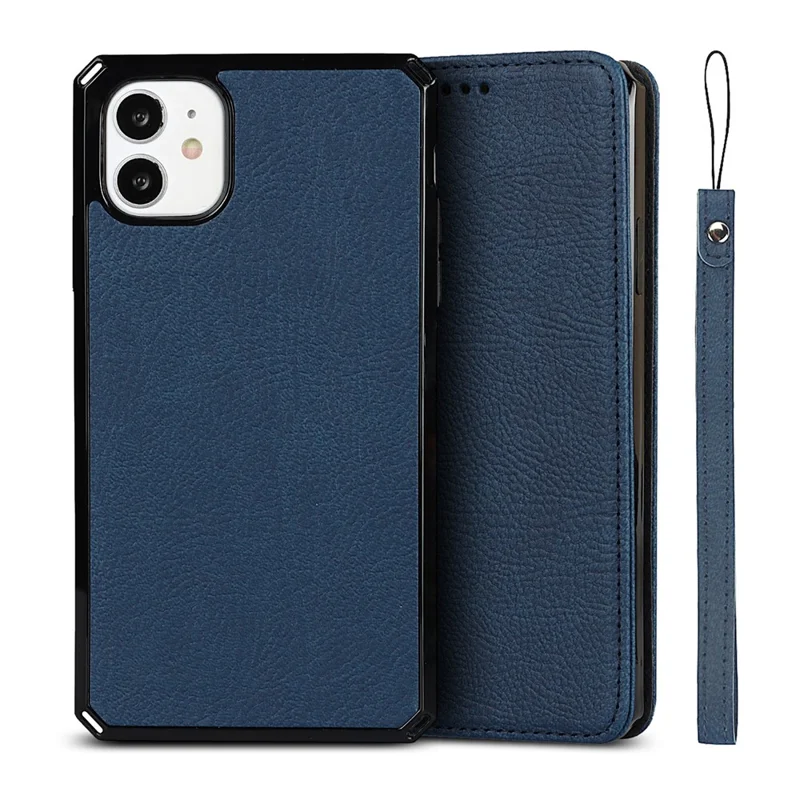 Litchi Skin Genuine Leather Coated TPU Stand Case for iPhone 11 6.1-inch - Blue