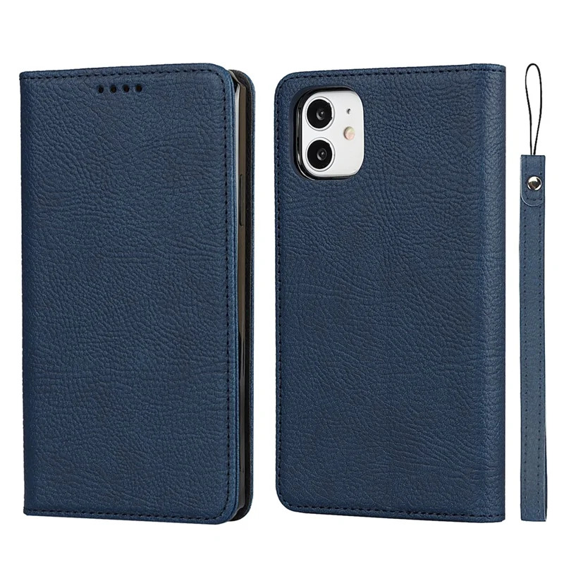 Litchi Skin Genuine Leather Coated TPU Stand Case for iPhone 11 6.1-inch - Blue