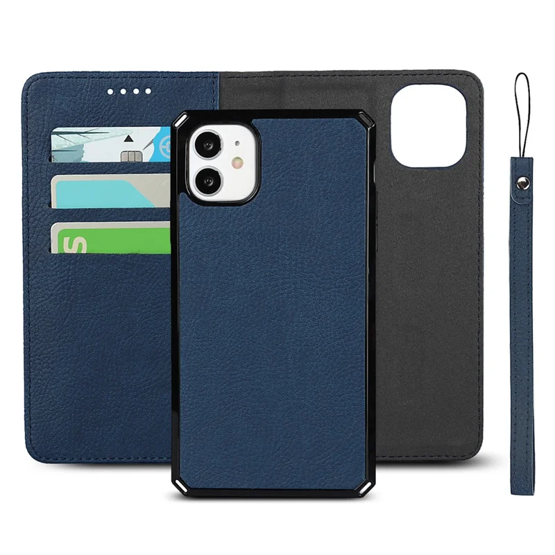 Litchi Skin Genuine Leather Coated TPU Stand Case for iPhone 11 6.1-inch - Blue