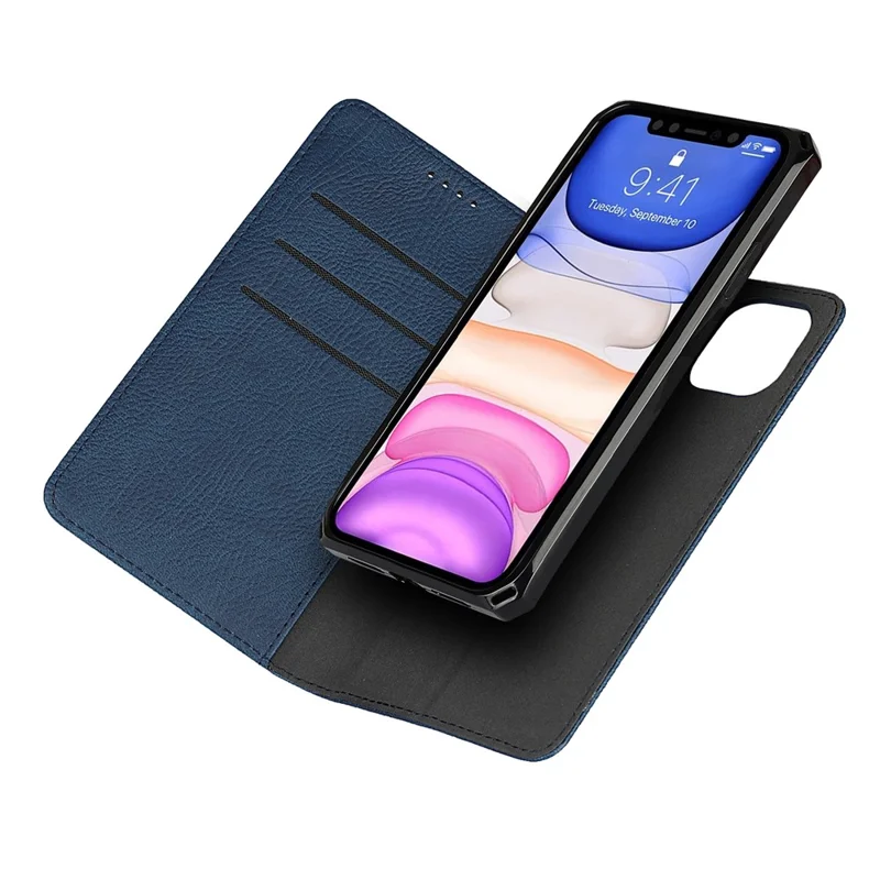 Litchi Skin Genuine Leather Coated TPU Stand Case for iPhone 11 6.1-inch - Blue