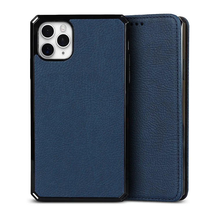 Litchi Skin Stand Stand Shell Protetor de Couro Genuíno Para Iphone 11 Pro Max Destacável Estojo - Azul