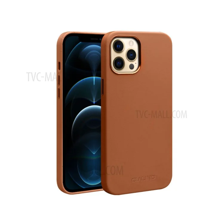 Qialino Para Iphone 12 Pro Máximo de 6,7 Polegadas Camada Superior de Couro de Couro de Couro de Couro Magnético, Suportar Carregamento Sem Fio - Café