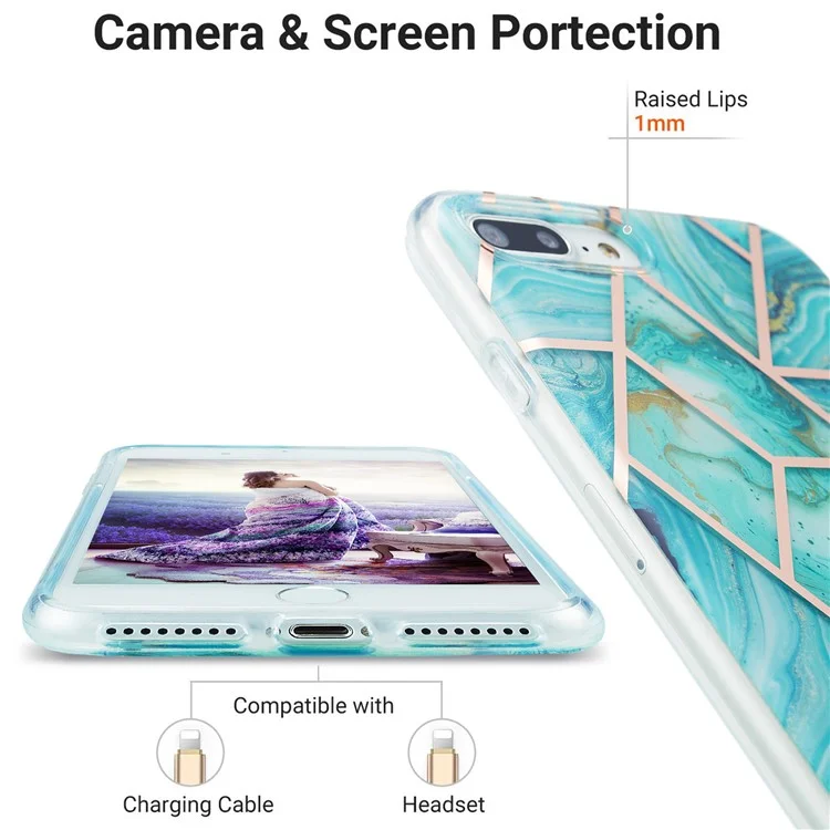 2.0mm Electroplating IMD Splicing Marble Pattern Design TPU Protector Cover for iPhone 7 Plus/8 Plus - Green