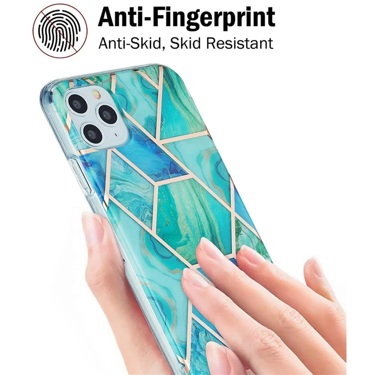 2.0mm Electroplating IMD Marble Pattern Splicing Full Protection TPU Protector Cover for iPhone 11 Pro Max - Blue/Green