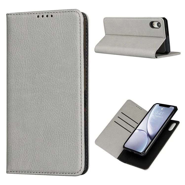 Custodia in vera pelle Litchi TPU Stand per iPhone XR 6.1 pollici Staccabile 2 in 1 - Grigio