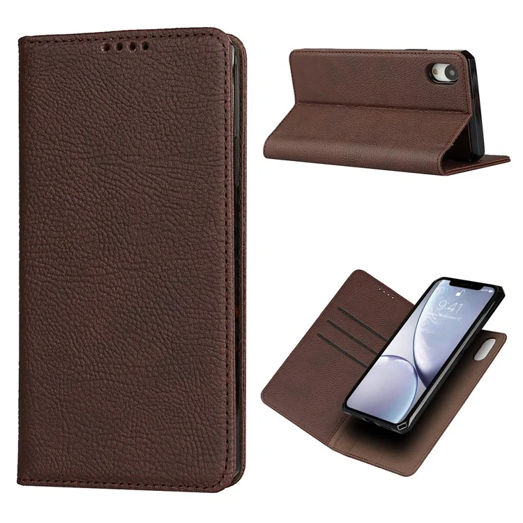 Litchi Skin Authentine Cuir Tpu Stand Shell Pour Iphone XR 6,1 Pouces Détachable 2 Dans 1 Cas - Brun