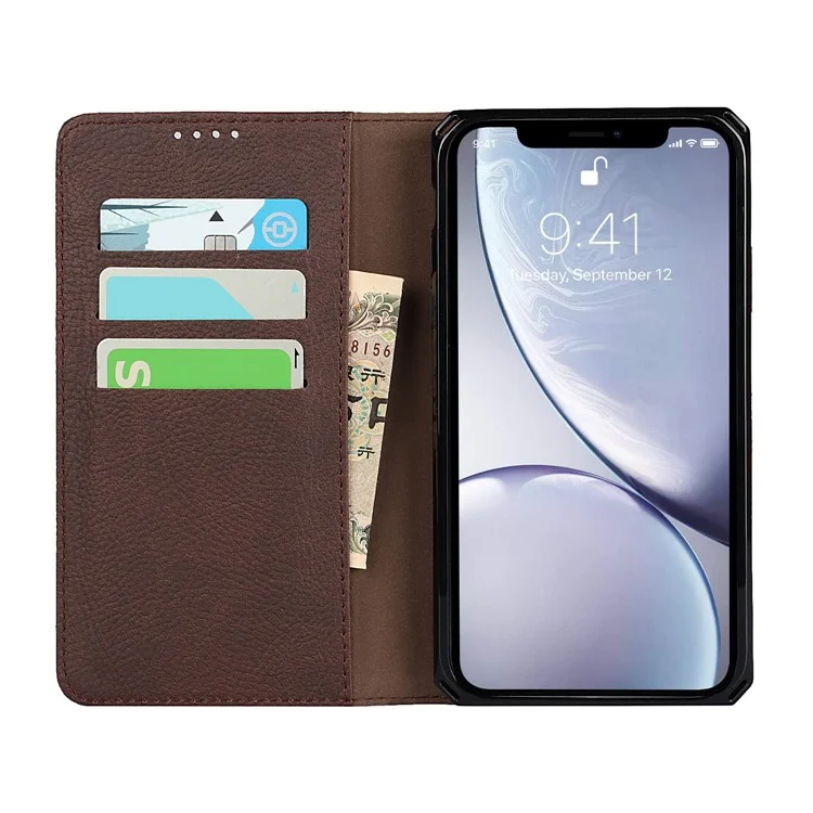 Litchi Skin Authentine Cuir Tpu Stand Shell Pour Iphone XR 6,1 Pouces Détachable 2 Dans 1 Cas - Brun
