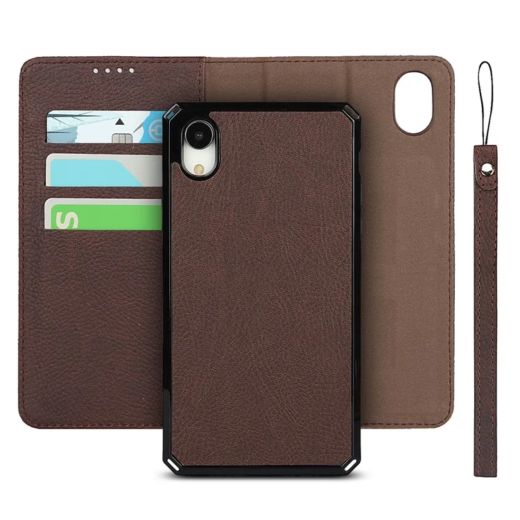 Litchi Skin Authentine Cuir Tpu Stand Shell Pour Iphone XR 6,1 Pouces Détachable 2 Dans 1 Cas - Brun