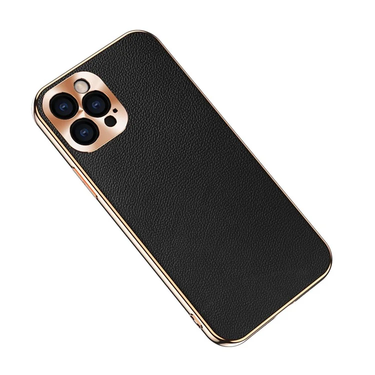 Electroplating CD Lens Covering Genuine Leather TPU Protective Shell for iPhone 12 Pro - Black