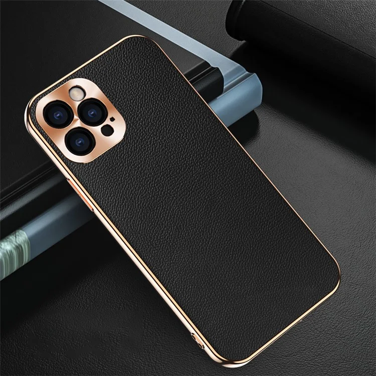 Electroplating CD Lens Covering Genuine Leather TPU Protective Shell for iPhone 12 Pro - Black