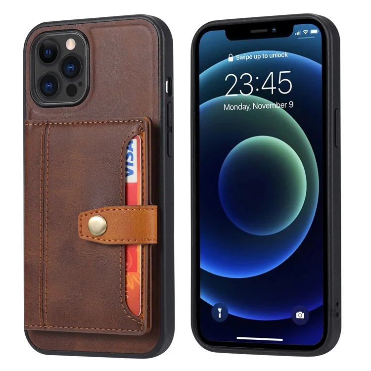 Protection Complète pu Leather Revêtu de TPU Avec Des Machines à Sous et Des Emplacements de Carte Pour Iphone 12/12 Pro - Brun