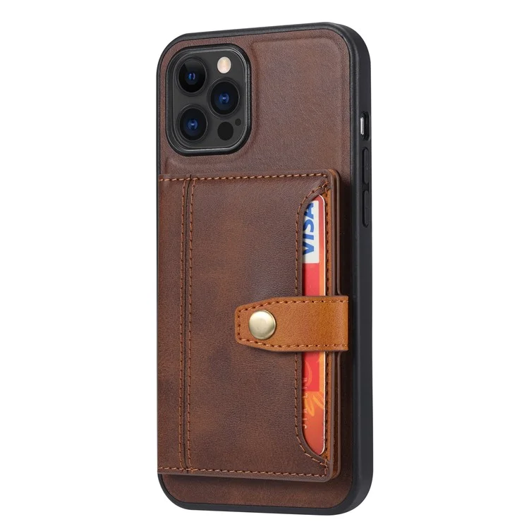 Full Protection PU Leather Coated TPU Case with Kickstand and Card Slots for iPhone 12/12 Pro - Brown