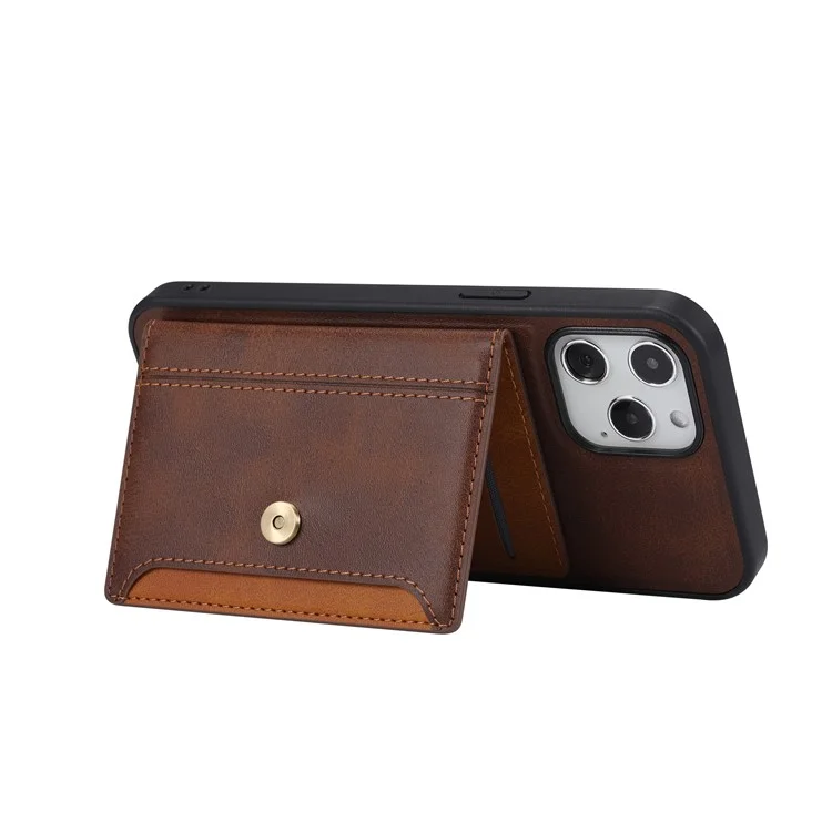 Full Protection PU Leather Coated TPU Case with Kickstand and Card Slots for iPhone 12/12 Pro - Brown